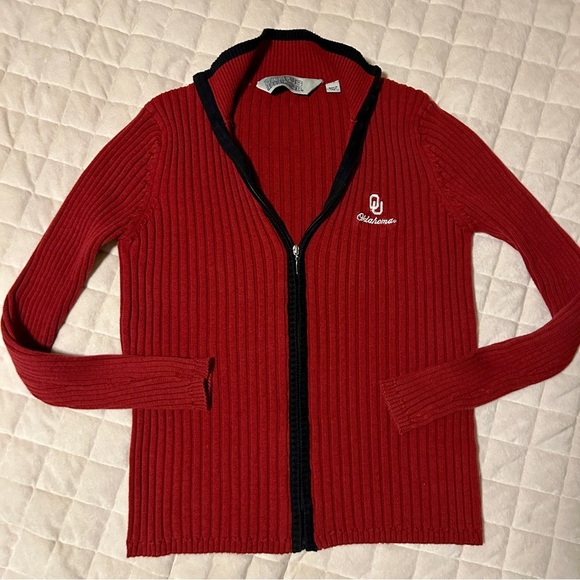 Campus Specialties Sweaters - University of Oklahoma Red Ribbed Zip-Up Cardigan with Embroidered OU Logo